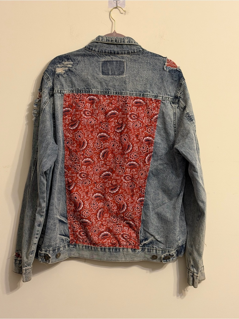 Rue21 Light Blue Distressed Denim Jacket with Red Patch Accents - Picture 4 of 4